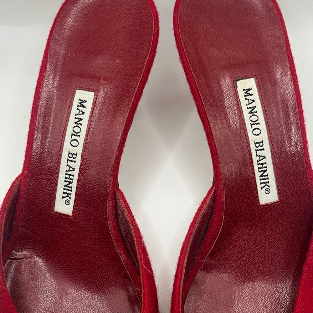 Manolo Blahnik Red Embroidered Mules - Picture 2 of 4